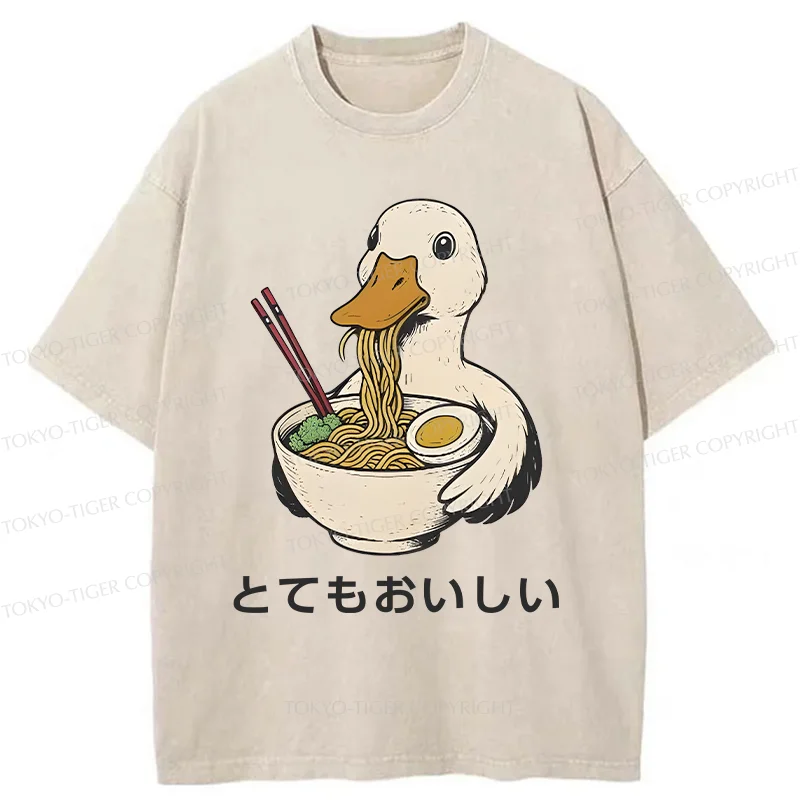 Tokyo-Tiger Goose Eating Delicious Ramen Washed T-Shirt