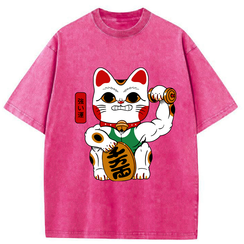Tokyo-Tiger Muscular Lucky Cat Washed T-Shirt