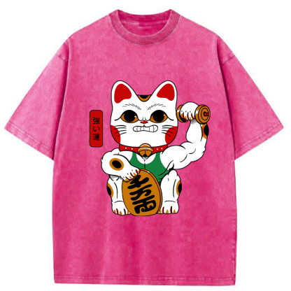 Tokyo-Tiger Muscular Lucky Cat Washed T-Shirt