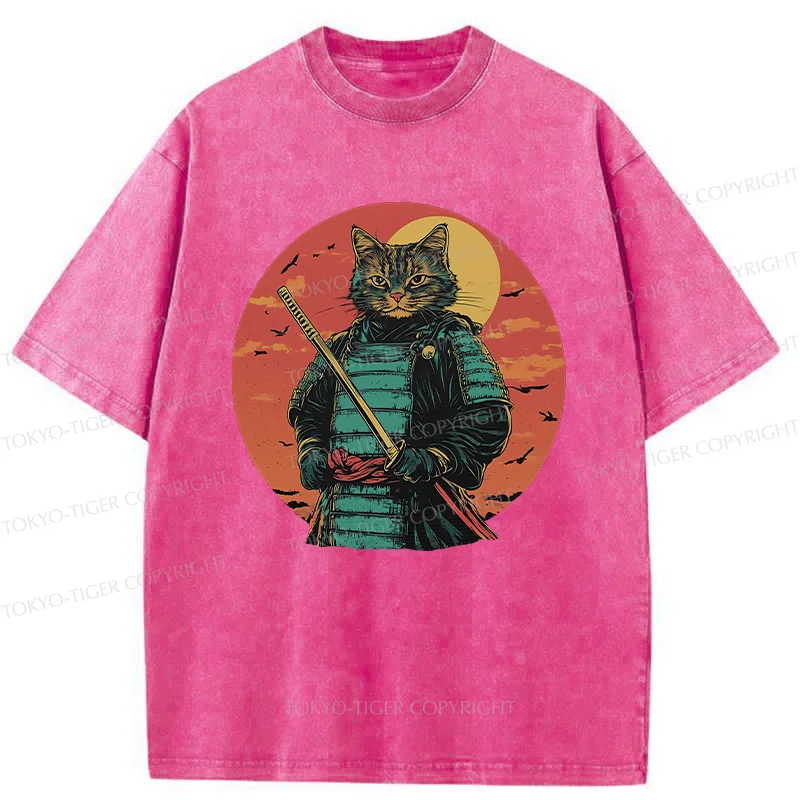 Tokyo-Tiger Handsome Cat Samurai Washed T-Shirt