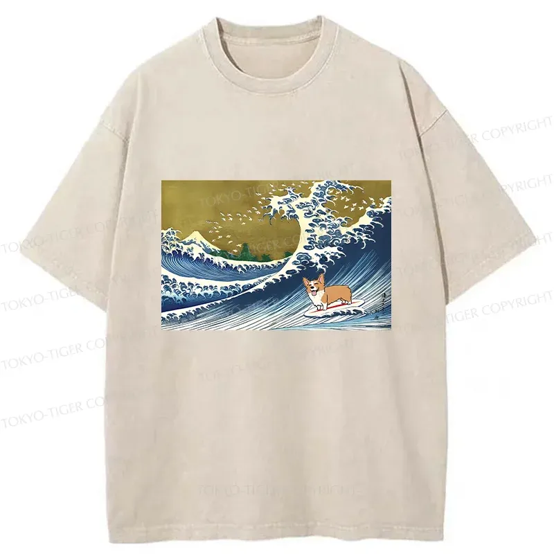 Tokyo-Tiger Corgi Surfing Washed T-Shirt