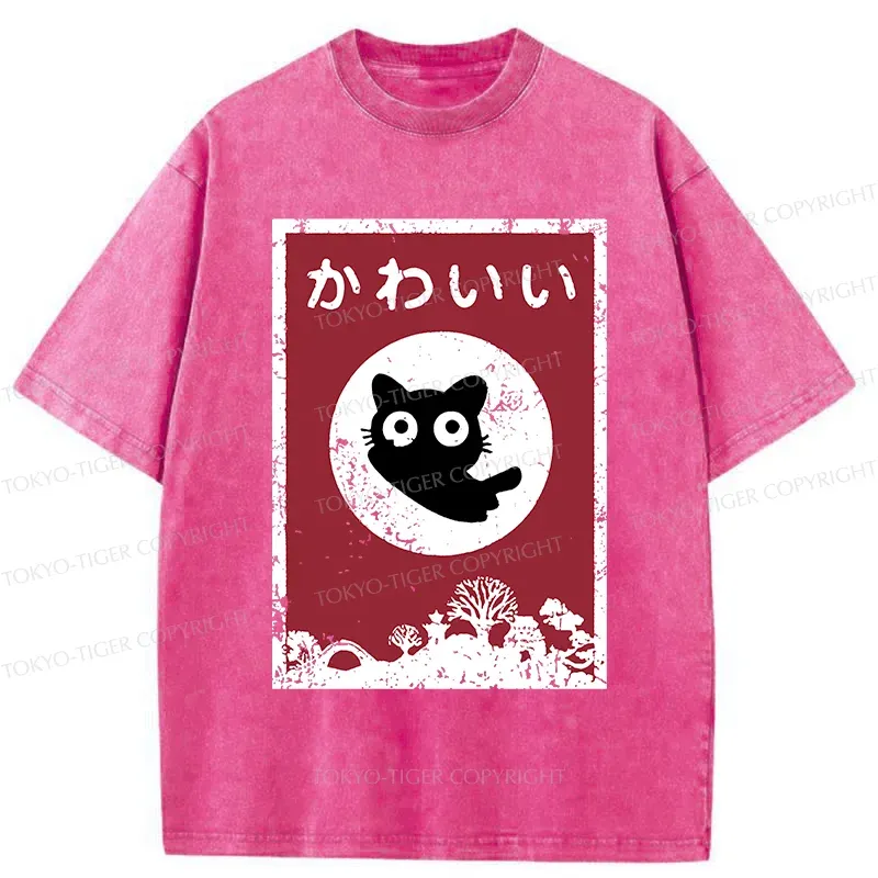 Tokyo-Tiger Cute Black Cat Washed T-Shirt