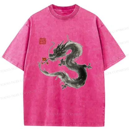 Tokyo-Tiger Dragon Holding A Flower Washed T-Shirt