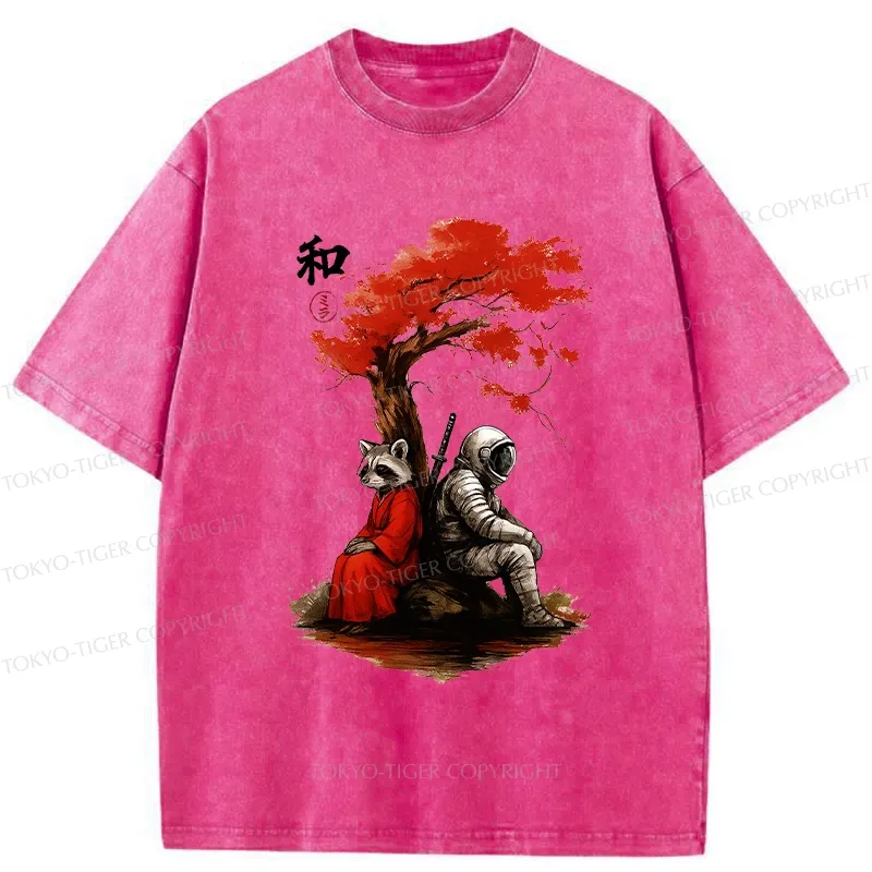 Tokyo-Tiger Raccoon And Astronaut By Tree Washed T-Shirt