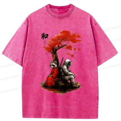Tokyo-Tiger Raccoon And Astronaut By Tree Washed T-Shirt