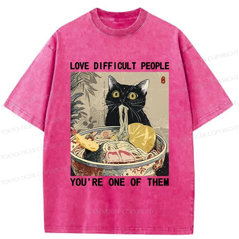 Tokyo-Tiger Kawaii Cat Eating Ramen Washed T-Shirt
