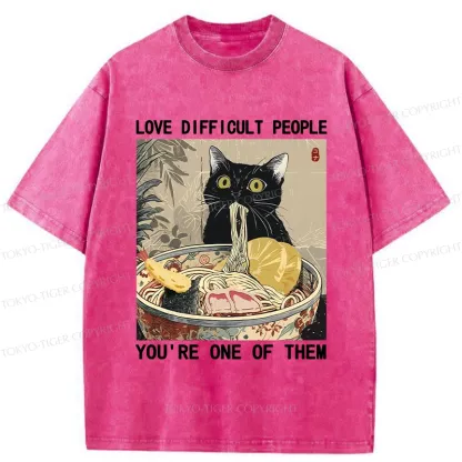 Tokyo-Tiger Kawaii Cat Eating Ramen Washed T-Shirt