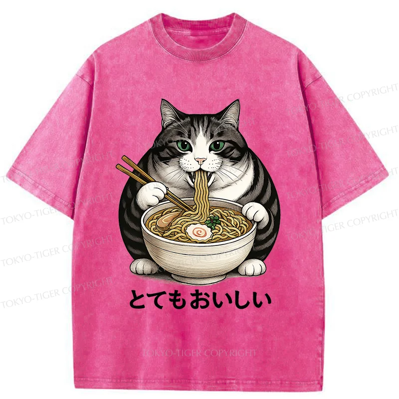 Tokyo-Tiger Fat Cat Eating Delicious Ramen Washed T-Shirt