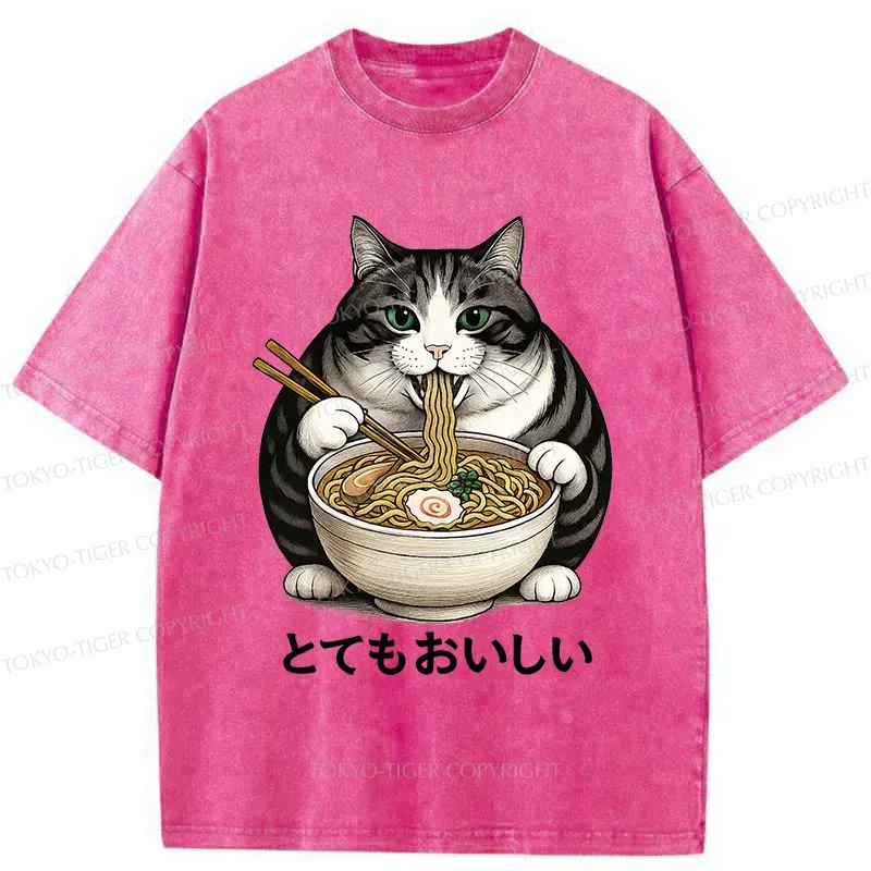 Tokyo-Tiger Fat Cat Eating Delicious Ramen Washed T-Shirt