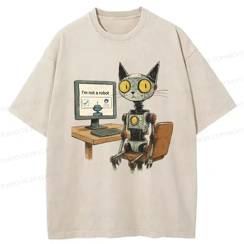Tokyo-Tiger Robot Cat In Question Washed T-Shirt