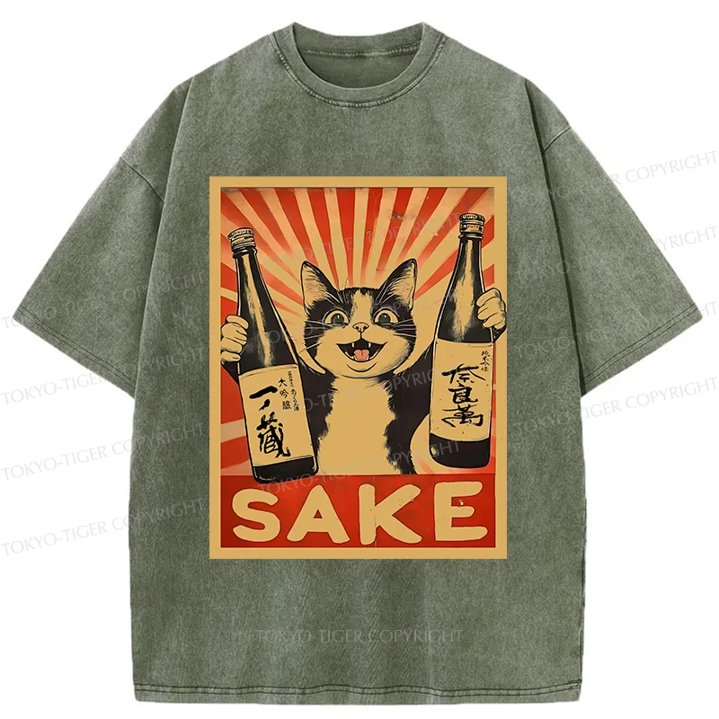 Tokyo-Tiger Cat Holding Wine Washed T-Shirt