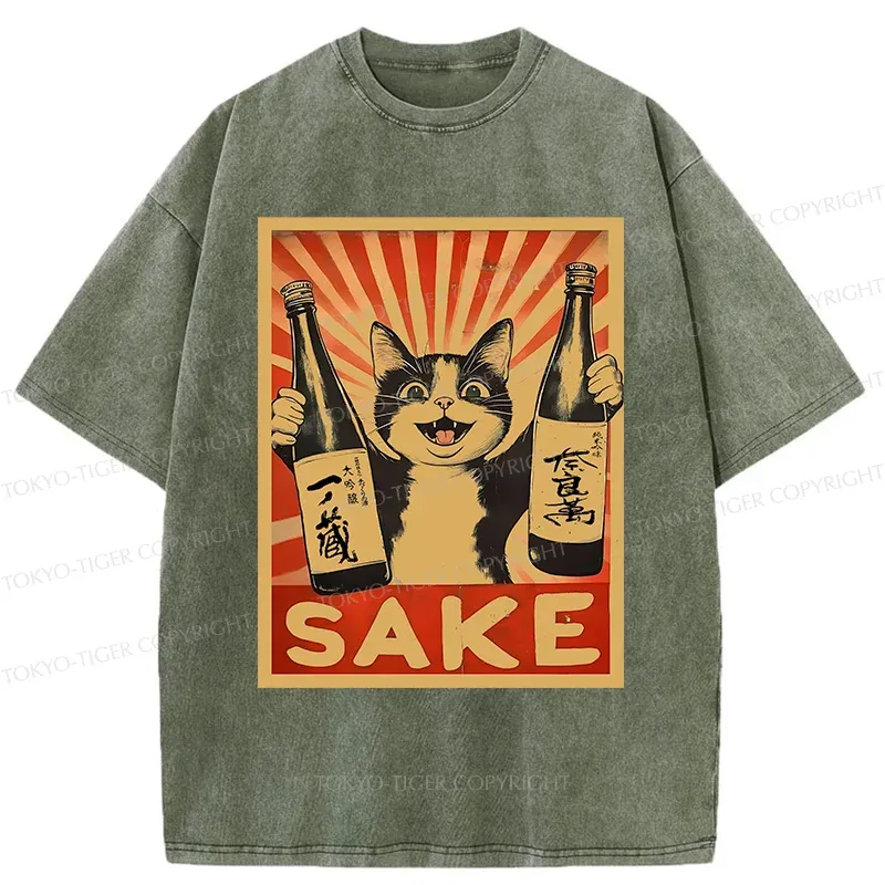 Tokyo-Tiger Cat Holding Wine Washed T-Shirt