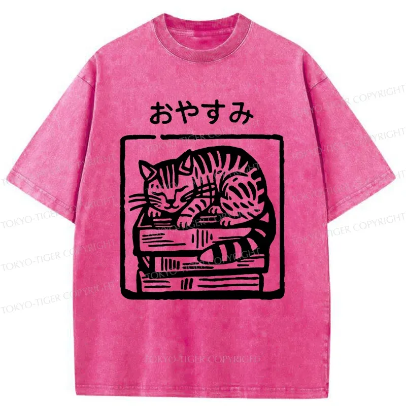 Tokyo-Tiger Cat Sleeping On The Bookshelf Washed T-Shirt