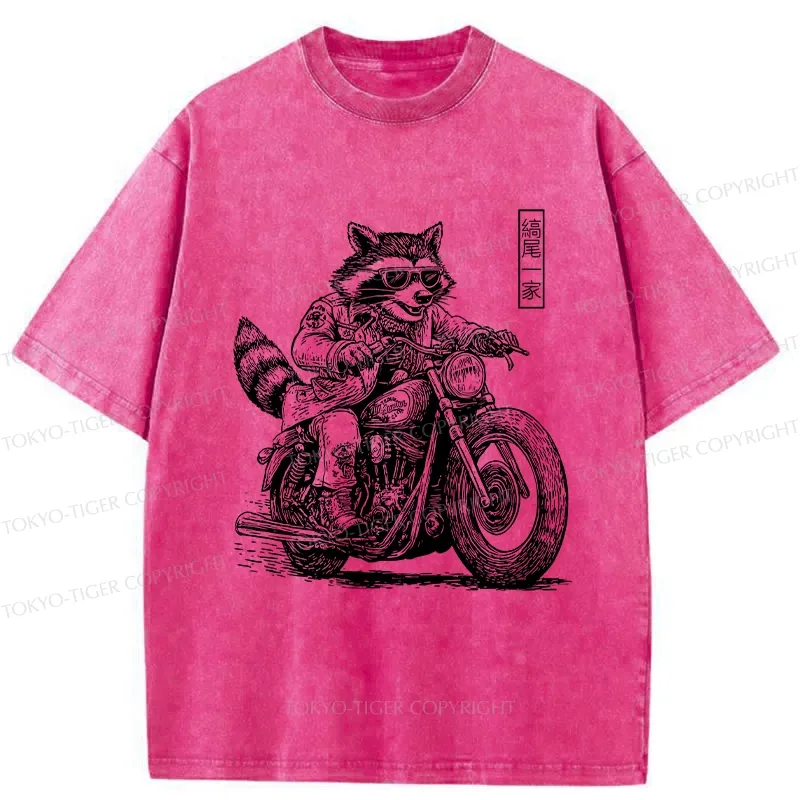 Tokyo-Tiger Raccoon Riding A Motorcycle Washed T-Shirt