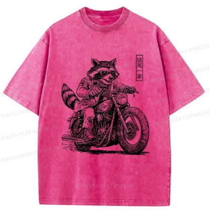 Tokyo-Tiger Raccoon Riding A Motorcycle Washed T-Shirt