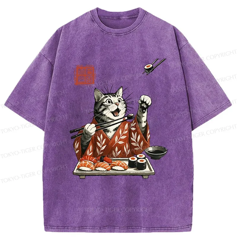 Tokyo-Tiger American Shorthair Cat Eating Sushi Washed T-Shirt