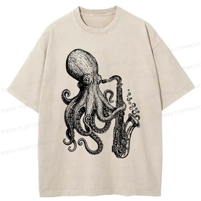 Tokyo-Tiger Octopus Playing Saxophone Washed T-Shirt