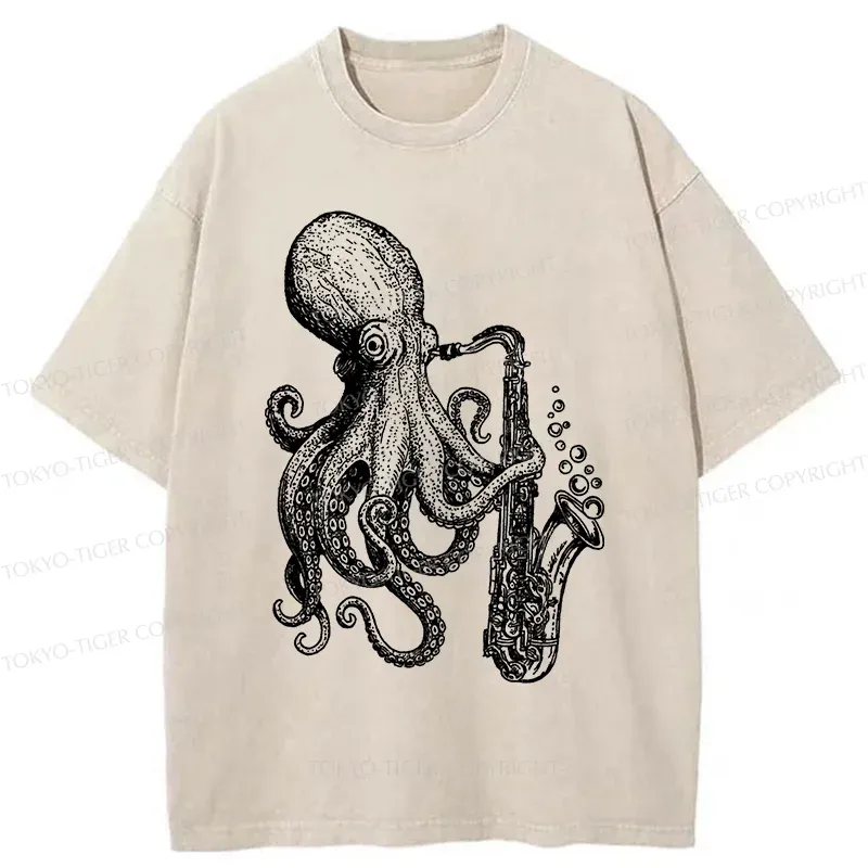 Tokyo-Tiger Octopus Playing Saxophone Washed T-Shirt