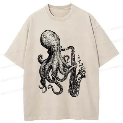 Tokyo-Tiger Octopus Playing Saxophone Washed T-Shirt