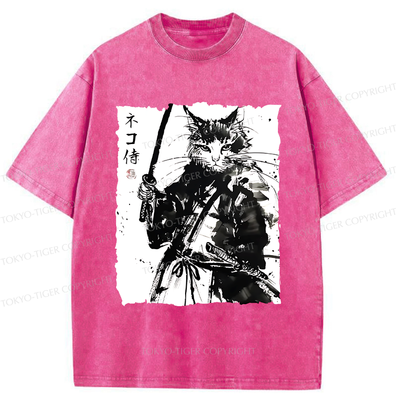 Tokyo-Tiger Ink Painting Cat Samurai Washed T-Shirt