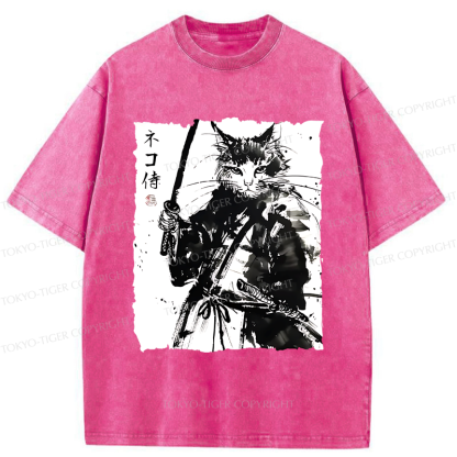 Tokyo-Tiger Ink Painting Cat Samurai Washed T-Shirt