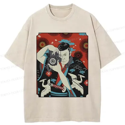 Tokyo-Tiger Samurai Photographer Washed T-Shirt