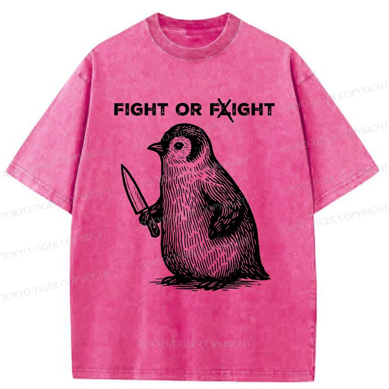 Tokyo-Tiger Funny Fight Or Flight Penguin Washed T-Shirt