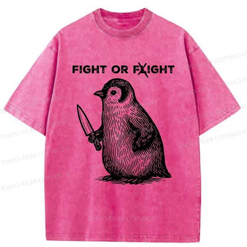 Tokyo-Tiger Funny Fight Or Flight Penguin Washed T-Shirt