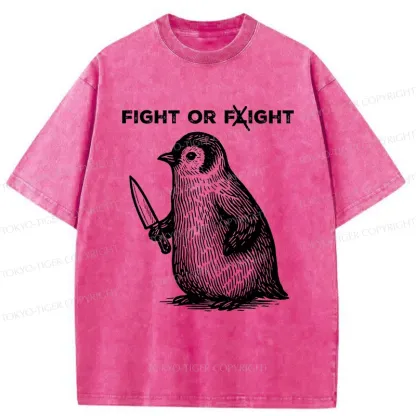 Tokyo-Tiger Funny Fight Or Flight Penguin Washed T-Shirt