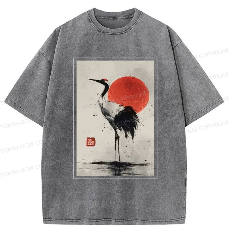Tokyo-Tiger Retro Japanese Red-crowned Crane Washed T-Shirt