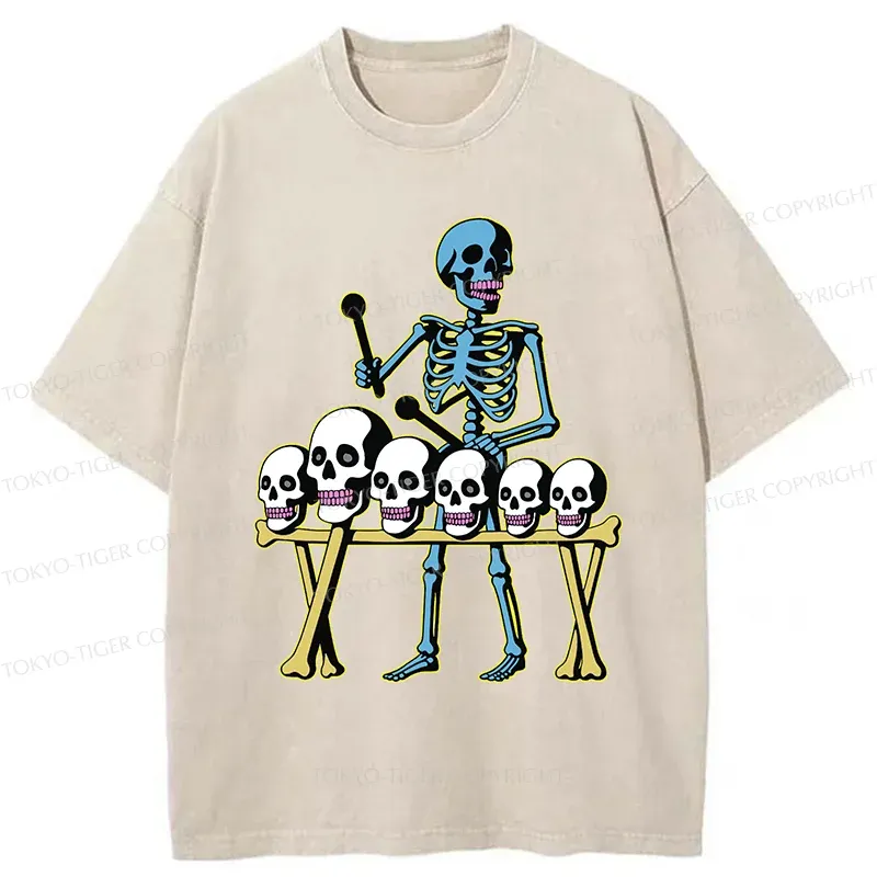 Tokyo-Tiger Skeleton Playing Bone Piano Washed T-Shirt