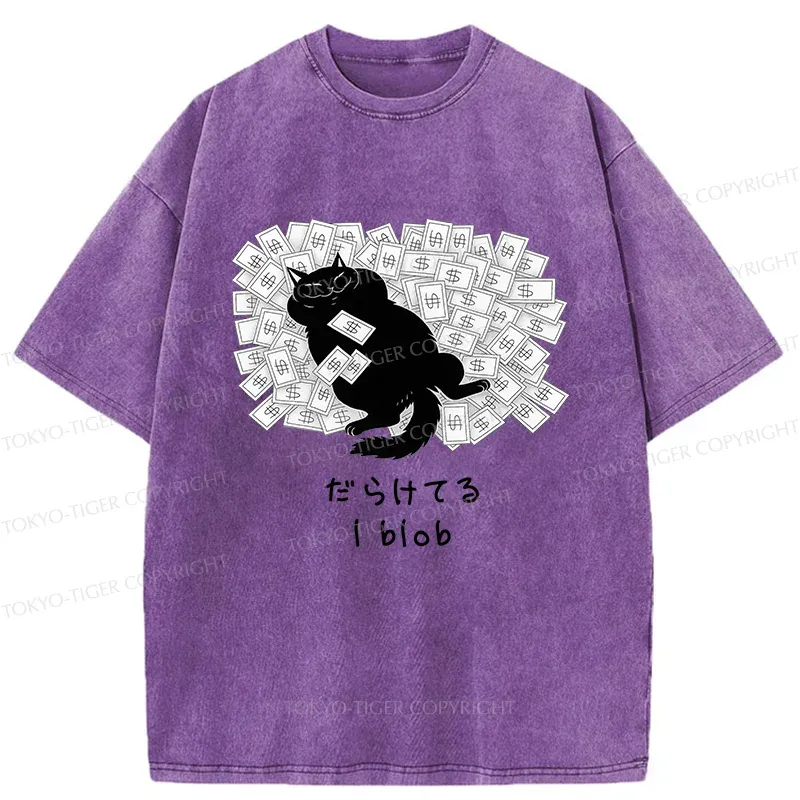 Tokyo-Tiger Cat Lying On Money Washed T-Shirt