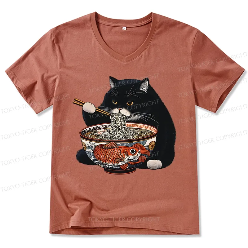 Tokyo-Tiger Fat Cat Eating Ramen V-Neck Classic T-Shirt