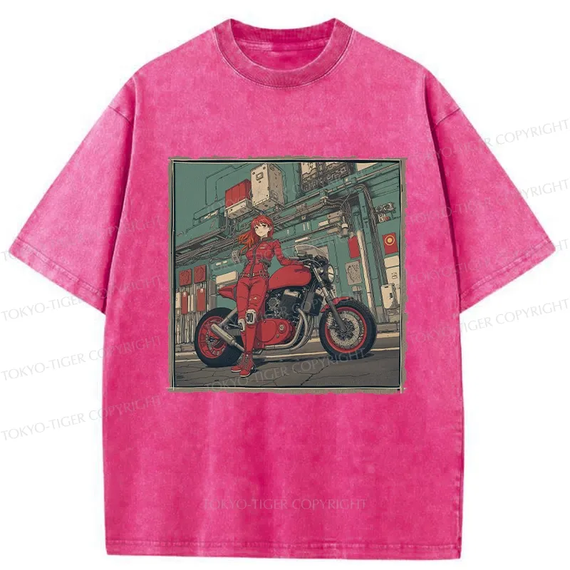 Tokyo-Tiger Cool Motorcycle Girl Washed T-Shirt