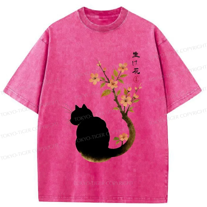 Tokyo-Tiger Retro Cat Tail Flowers Washed T-Shirt