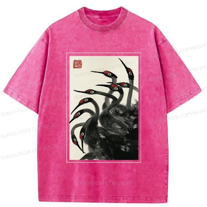 Tokyo-Tiger Retro Red Crowned Crane Washed T-Shirt
