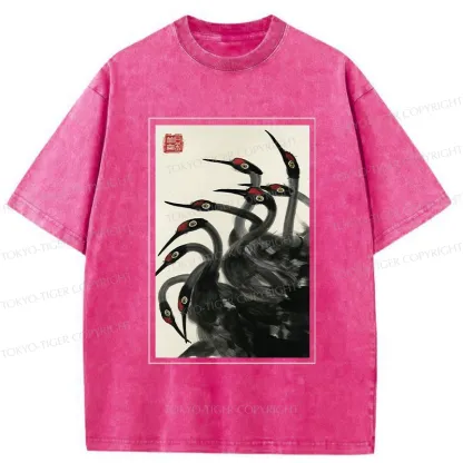 Tokyo-Tiger Retro Red Crowned Crane Washed T-Shirt