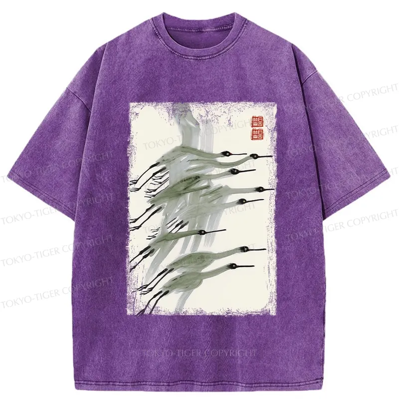 Tokyo-Tiger Flock of Cranes in Flight Washed T-Shirt