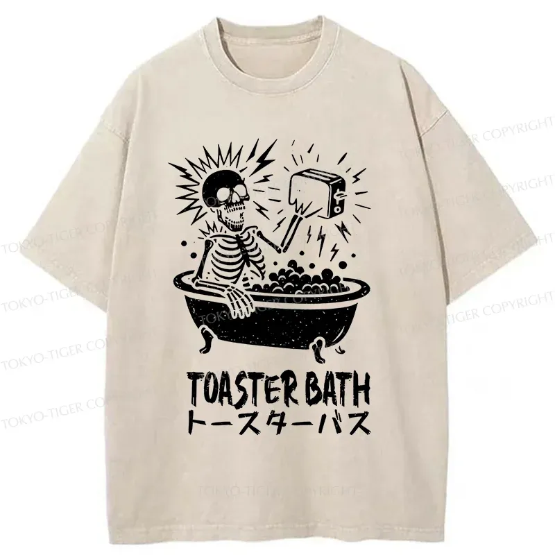 Tokyo-Tiger Funny Skeleton Taking A Bath Washed T-Shirt