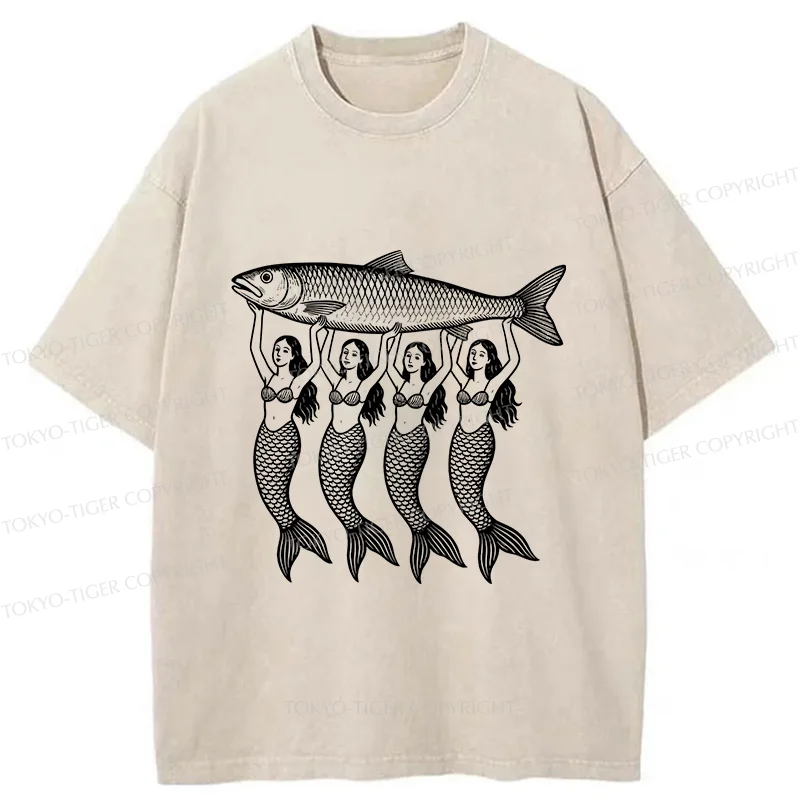Tokyo-Tiger Mermaids Holding Fish Washed T-Shirt
