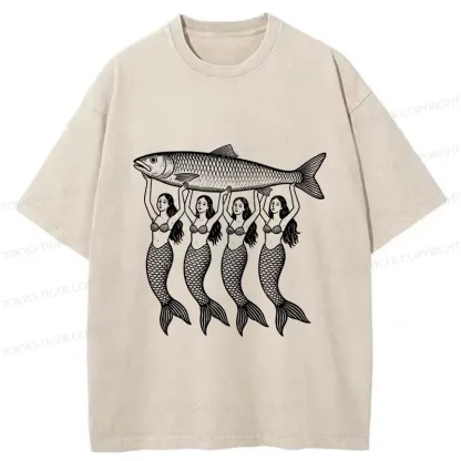 Tokyo-Tiger Mermaids Holding Fish Washed T-Shirt