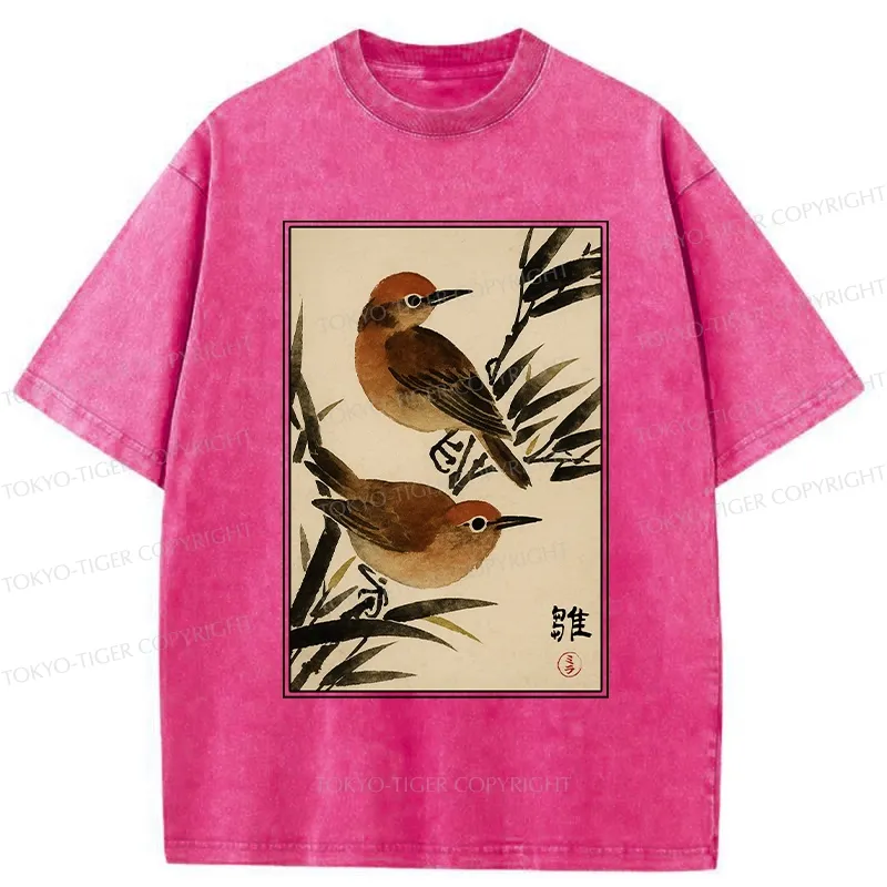 Tokyo-Tiger Sparrows Among Bamboo Washed T-Shirt