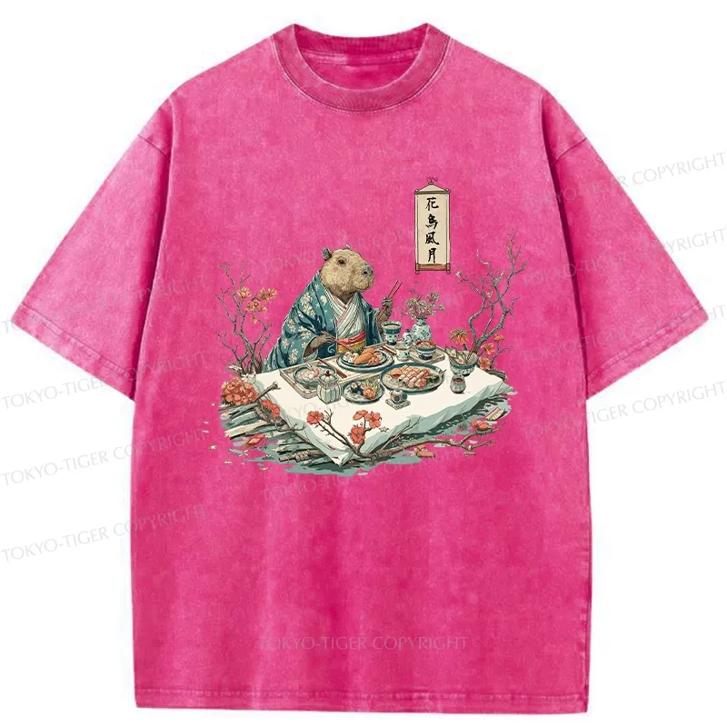 Tokyo-Tiger Capybara Enjoying Sushi Feast Washed T-Shirt