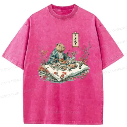 Tokyo-Tiger Capybara Enjoying Sushi Feast Washed T-Shirt