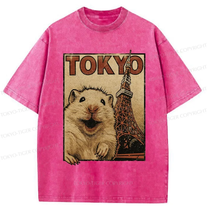 Tokyo-Tiger Happy Hamster Under Tokyo Tower Washed T-Shirt