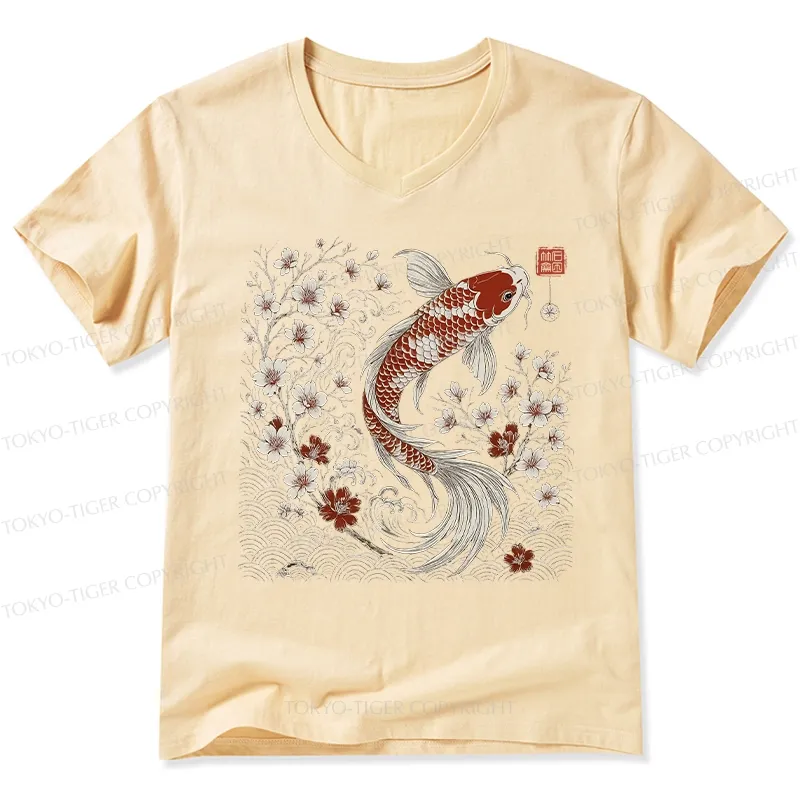 Tokyo-Tiger Vintage Sakura And Koi V-Neck Classic T-Shirt