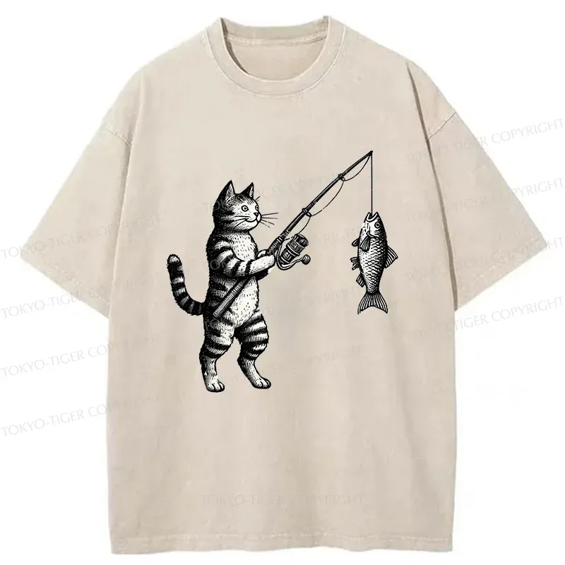 Tokyo-Tiger Cat Fishing Washed T-Shirt