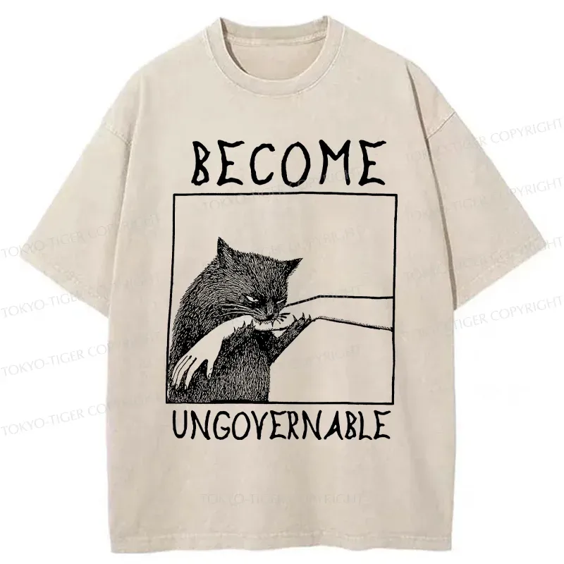 Tokyo-Tiger Cat Biting Arm Washed T-Shirt