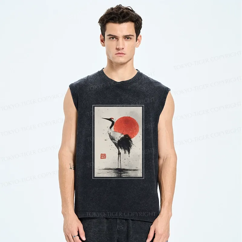 Tokyo-Tiger Retro Japanese Red-crowned Crane Washed Tank
