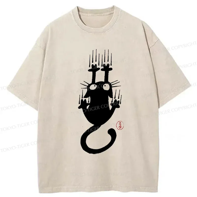 Tokyo-Tiger Climbing Black Cat Washed T-Shirt